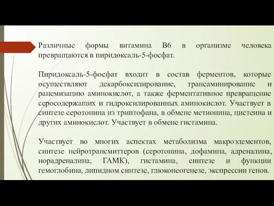 Различные формы витамина B6 в организме человека превращаются в пиридоксаль-5-фосфат. Пиридоксаль-5-фосфат входит