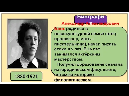 1880-1921 Биография Александр Александрович Блок родился в высокультурной семье (отец-профессор, мать –