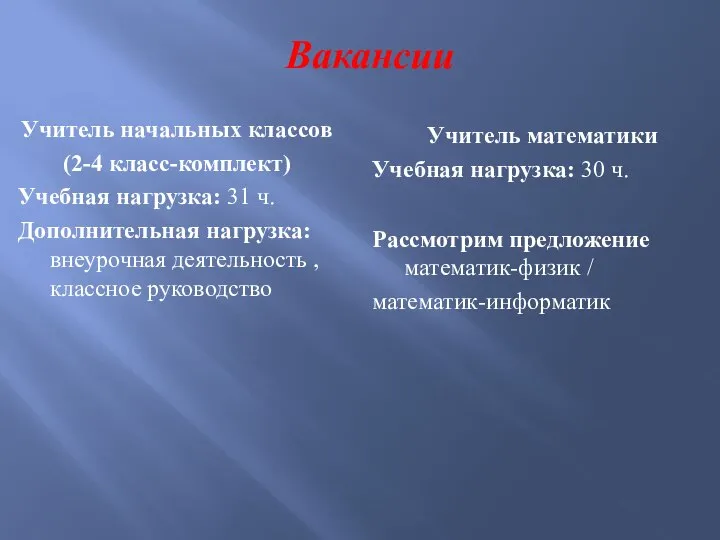 Вакансии Учитель начальных классов (2-4 класс-комплект) Учебная нагрузка: 31 ч. Дополнительная нагрузка: