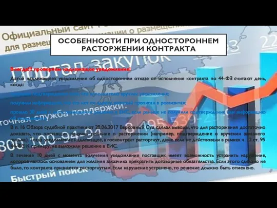 ОСОБЕННОСТИ ПРИ ОДНОСТОРОННЕМ РАСТОРЖЕНИИ КОНТРАКТА Всегда!!! проверяем надлежащее уведомление! Датой надлежащего уведомления