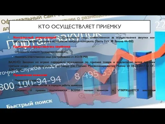 КТО ОСУЩЕСТВЛЯЕТ ПРИЕМКУ Контрактный управляющий – должностное лицо, ответственное за осуществление закупки