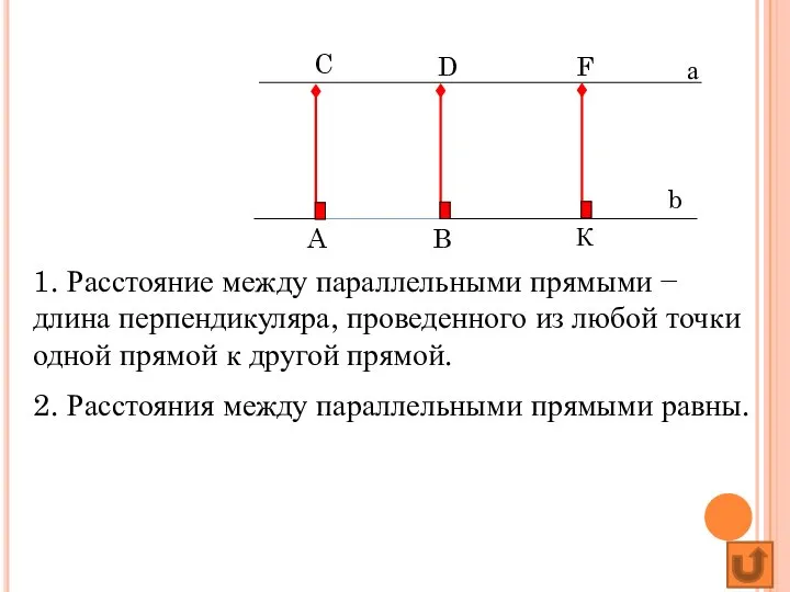 Параллельные прямые а b A B C D F К 2. Расстояния