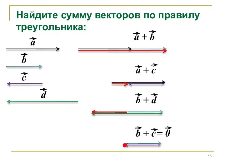 Найдите сумму векторов по правилу треугольника: