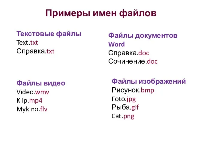Примеры имен файлов Текстовые файлы Text.txt Справка.txt Файлы изображений Рисунок.bmp Foto.jpg Рыба.gif
