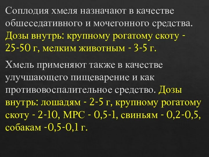 Соплодия хмеля назначают в качестве обшеседативного и мочегонного средства. Дозы внутрь: крупному