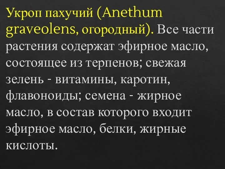 Укроп пахучий (Anethum graveolens, огородный). Все части растения содержат эфирное масло, состоящее