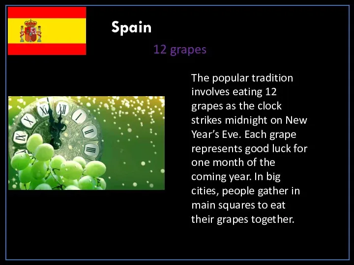 Spain 12 grapes The popular tradition involves eating 12 grapes as the