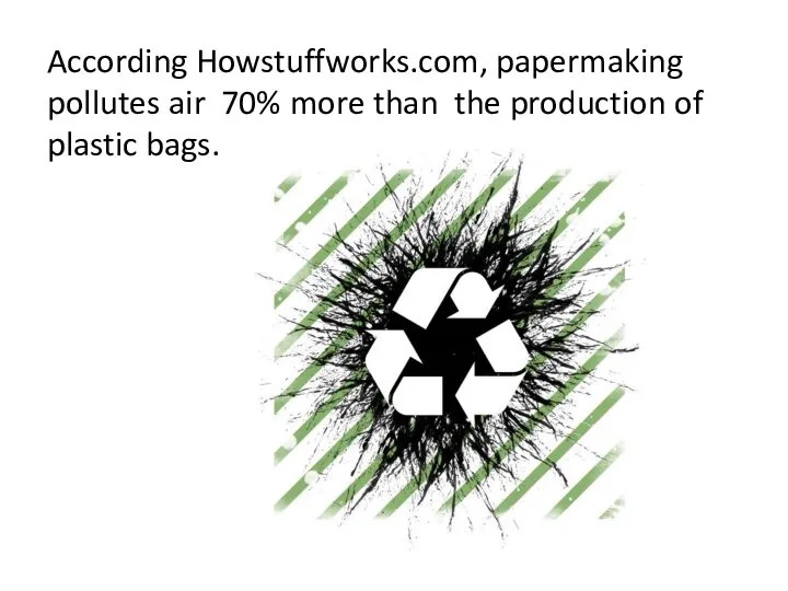 According Howstuffworks.com, papermaking pollutes air 70% more than the production of plastic bags.