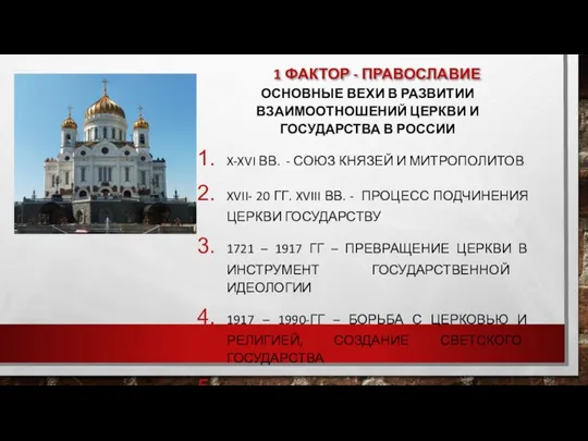 1 ФАКТОР - ПРАВОСЛАВИЕ ОСНОВНЫЕ ВЕХИ В РАЗВИТИИ ВЗАИМООТНОШЕНИЙ ЦЕРКВИ И ГОСУДАРСТВА