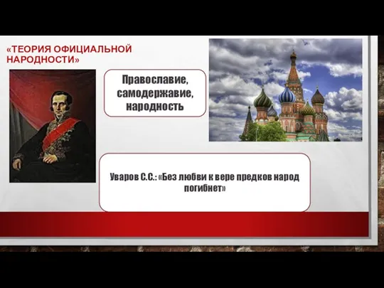 «ТЕОРИЯ ОФИЦИАЛЬНОЙ НАРОДНОСТИ» Уваров С.С.: «Без любви к вере предков народ погибнет» Православие, самодержавие, народность