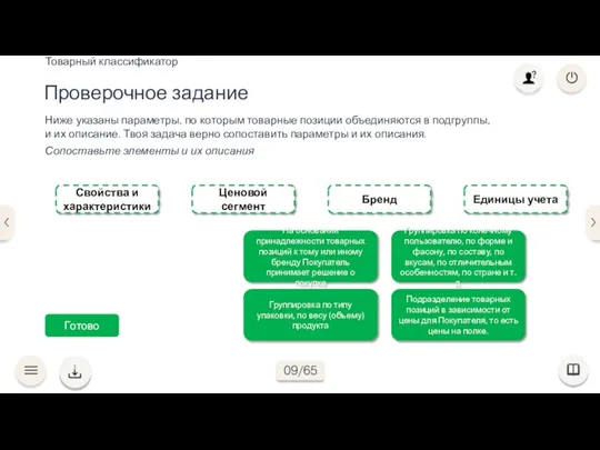 Готово Группировка по конечному пользователю, по форме и фасону, по составу, по