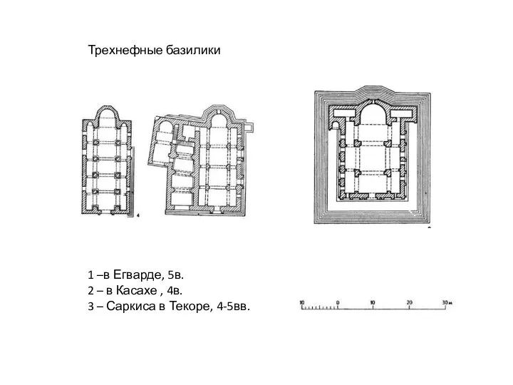 Трехнефные базилики 1 –в Егварде, 5в. 2 – в Касахе , 4в.