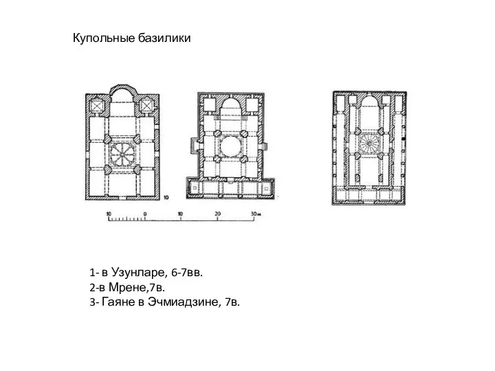 Купольные базилики 1- в Узунларе, 6-7вв. 2-в Мрене,7в. 3- Гаяне в Эчмиадзине, 7в.