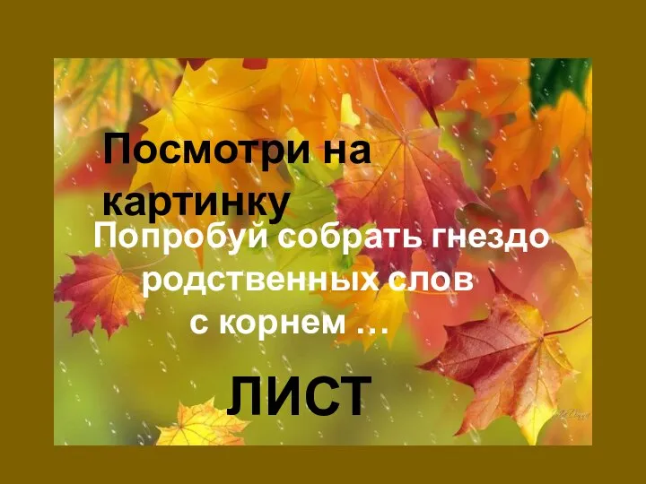 Посмотри на картинку Попробуй собрать гнездо родственных слов с корнем … ЛИСТ