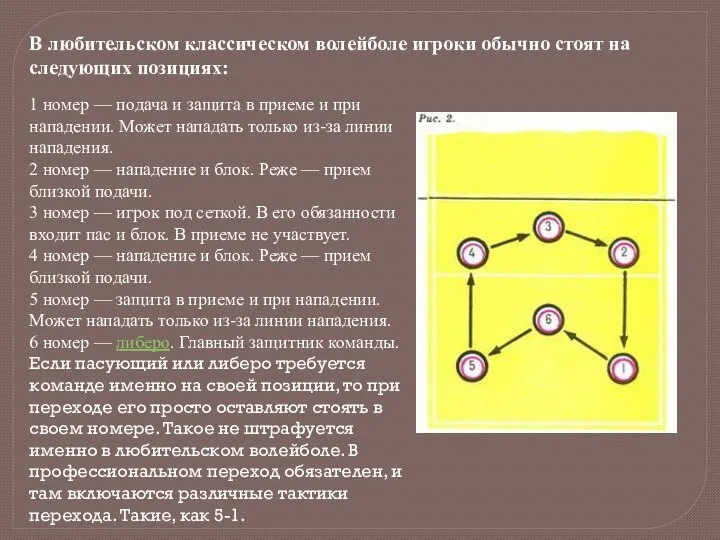 В любительском классическом волейболе игроки обычно стоят на следующих позициях: 1 номер