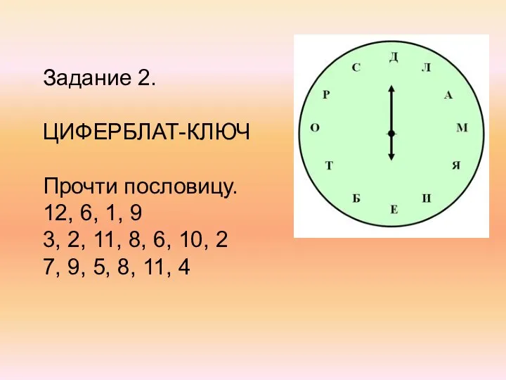 Задание 2. ЦИФЕРБЛАТ-КЛЮЧ Прочти пословицу. 12, 6, 1, 9 3, 2, 11,