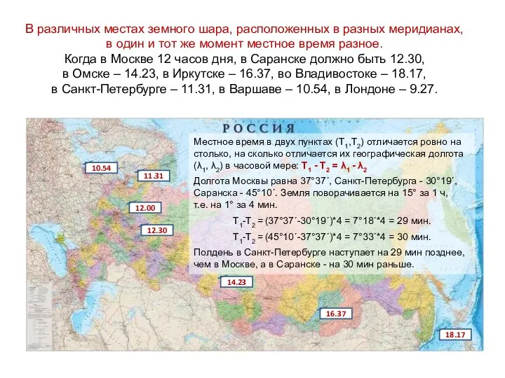 В различных местах земного шара, расположенных в разных меридианах, в один и