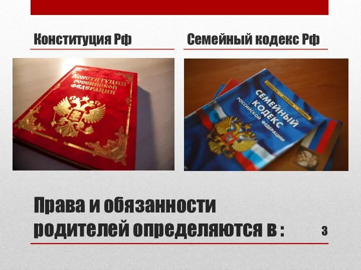 Права и обязанности родителей определяются в : Конституция Рф Семейный кодекс Рф