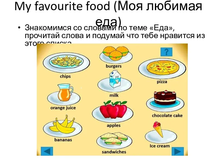 My favourite food (Моя любимая еда) Знакомимся со словами по теме «Еда»,