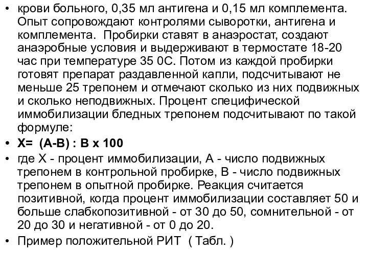 крови больного, 0,35 мл антигена и 0,15 мл комплемента. Опыт сопровождают контролями