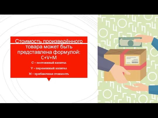 Стоимость произведённого товара может быть представлена формулой: C+V+M C – постоянный капитал