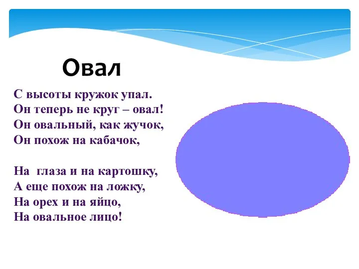 Овал С высоты кружок упал. Он теперь не круг – овал! Он