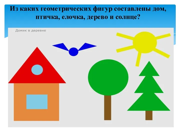 Из каких геометрических фигур составлены дом, птичка, елочка, дерево и солнце?