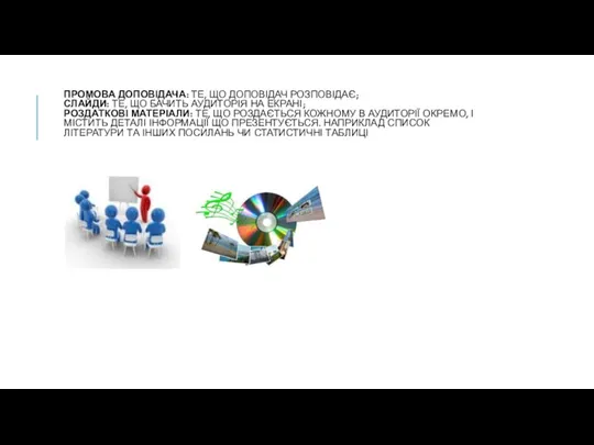 ПРОМОВА ДОПОВІДАЧА: ТЕ, ЩО ДОПОВІДАЧ РОЗПОВІДАЄ; СЛАЙДИ: ТЕ, ЩО БАЧИТЬ АУДИТОРІЯ НА