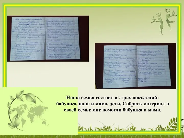 Наша семья состоит из трёх поколений: бабушка, папа и мама, дети. Собрать