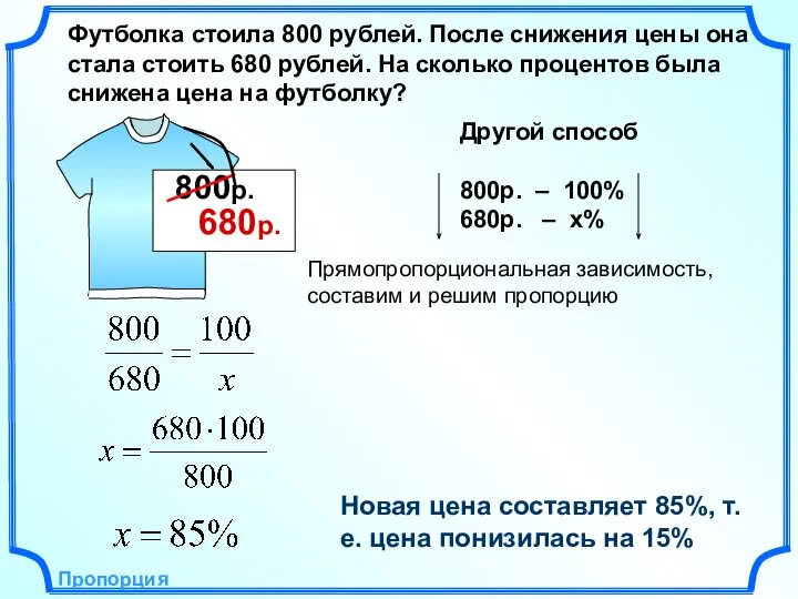 Футболка стоила 800 рублей. После снижения цены она стала стоить 680 рублей.