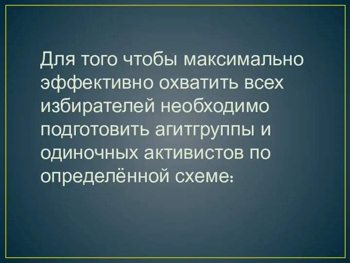 Для того чтобы максимально эффективно охватить всех избирателей необходимо подготовить агитгруппы и