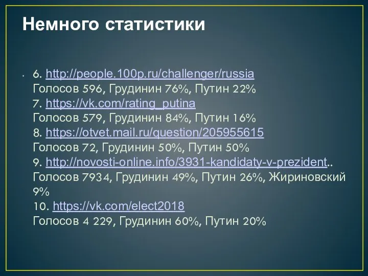 Немного статистики 6. http://people.100p.ru/challenger/russia Голосов 596, Грудинин 76%, Путин 22% 7. https://vk.com/rating_putina