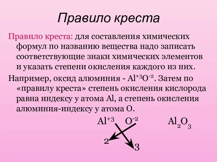 Правило креста Правило креста: для составления химических формул по названию вещества надо