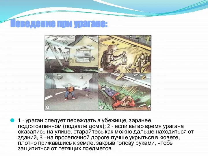 Поведение при урагане: 1 - ураган следует переждать в убежище, заранее подготовленном