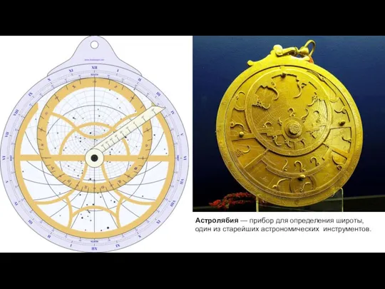 Астролябия — прибор для определения широты, один из старейших астрономических инструментов.