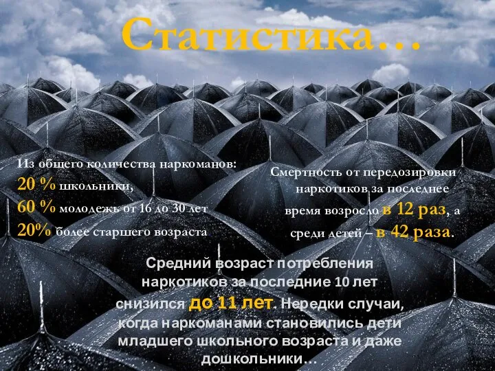 Статистика… Из общего количества наркоманов: 20 % школьники, 60 % молодежь от