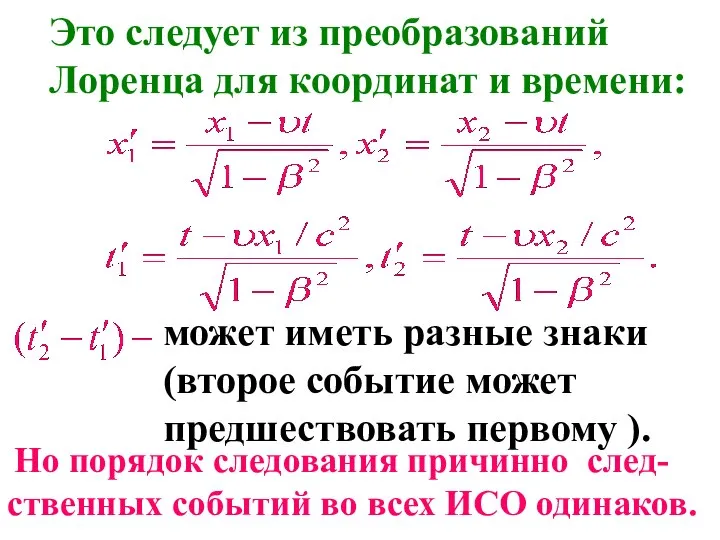 Это следует из преобразований Лоренца для координат и времени: может иметь разные