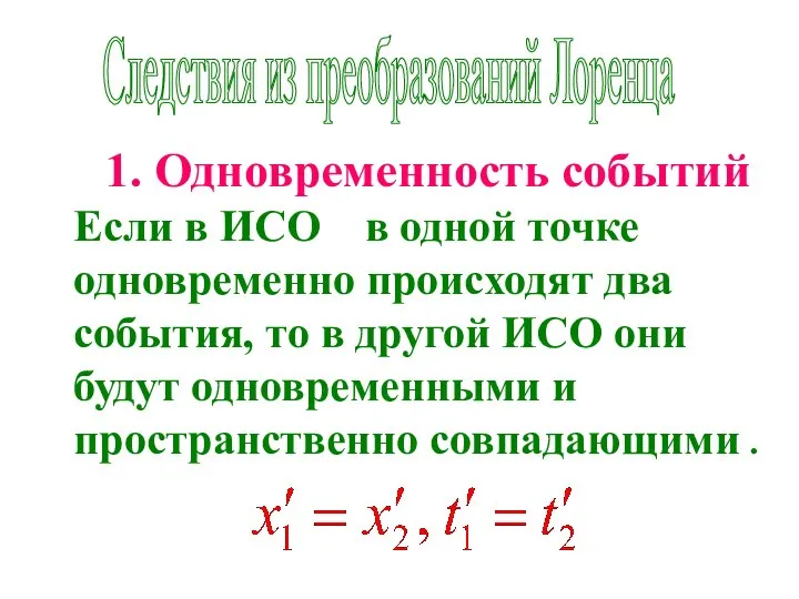 Следствия из преобразований Лоренца 1. Одновременность событий Если в ИСО в одной