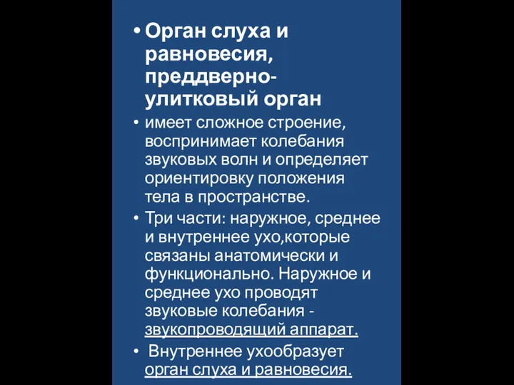 Орган слуха и равновесия, преддверно-улитковый орган имеет сложное строение, воспринимает колебания звуковых