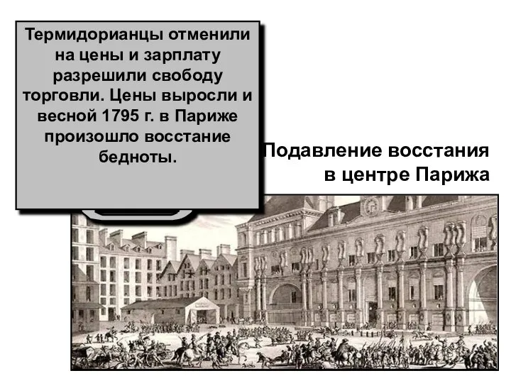 Подавление восстания в центре Парижа Термидорианцы отменили на цены и зарплату разрешили