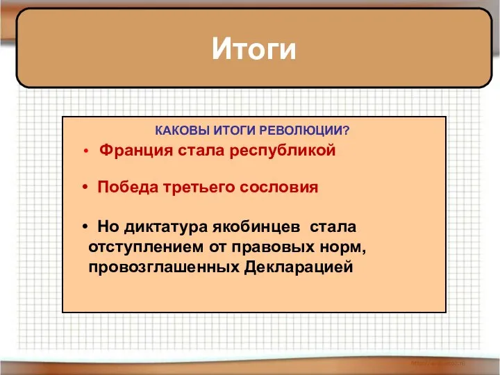 Итоги Франция стала республикой Победа третьего сословия Но диктатура якобинцев стала отступлением