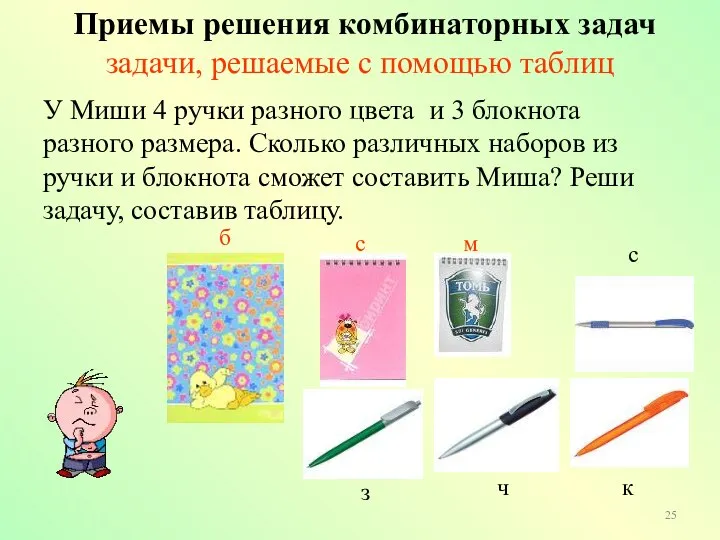 У Миши 4 ручки разного цвета и 3 блокнота разного размера. Сколько
