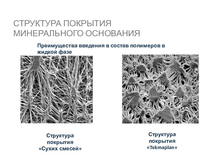 Преимущества введения в состав полимеров в жидкой фазе Структура покрытия «Tekmaplan» Структура