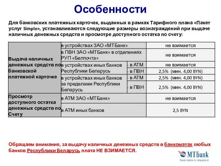 Особенности Для банковских платежных карточек, выданных в рамках Тарифного плана «Пакет услуг