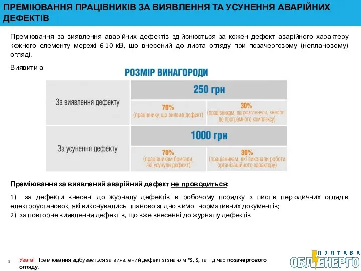 ПРЕМІЮВАННЯ ПРАЦІВНИКІВ ЗА ВИЯВЛЕННЯ ТА УСУНЕННЯ АВАРІЙНИХ ДЕФЕКТІВ Преміювання за виявлення аварійних