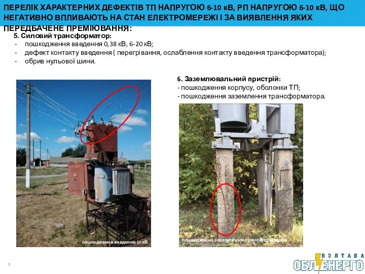 5. Силовий трансформатор: пошкодження введення 0,38 кВ, 6-20 кВ; дефект контакту введення