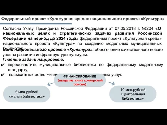 Федеральный проект «Культурная среда» национального проекта «Культура» Цели национального проекта «Культура»: обеспечение