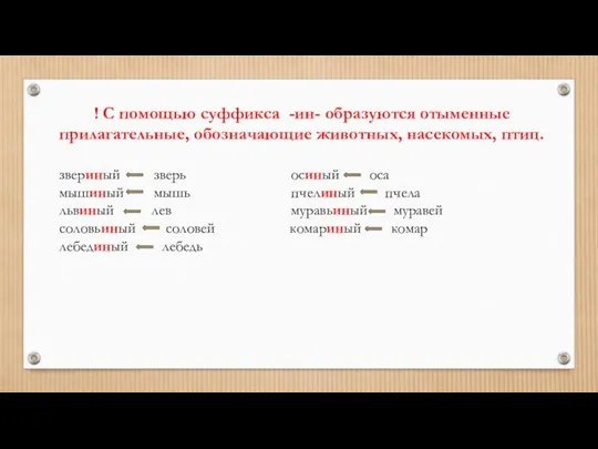 ! С помощью суффикса -ин- образуются отыменные прилагательные, обозначающие животных, насекомых, птиц.