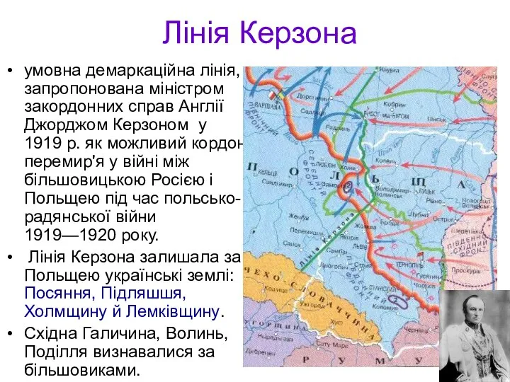 Лінія Керзона умовна демаркаційна лінія, запропонована міністром закордонних справ Англії Джорджом Керзоном