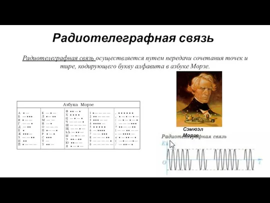 Радиотелеграфная связь Радиотелеграфная связь осуществляется путем передачи сочетания точек и тире, кодирующего